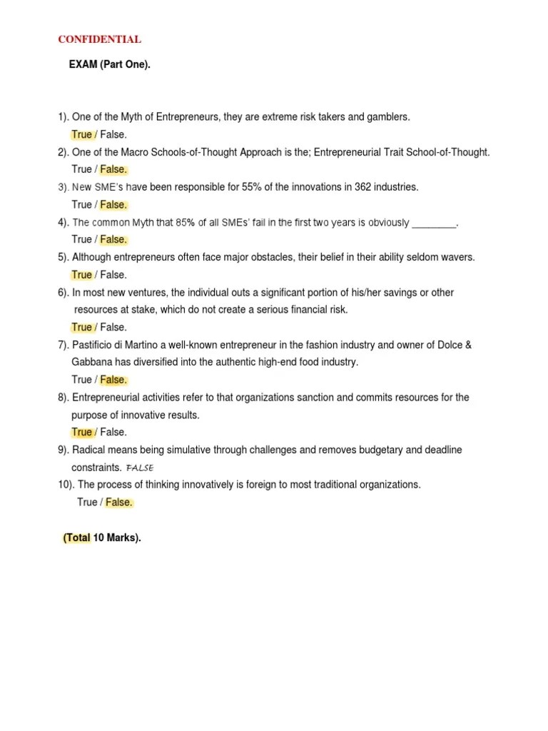 Exam - Entrepreneurship | PDF | Entrepreneurship | Psychology