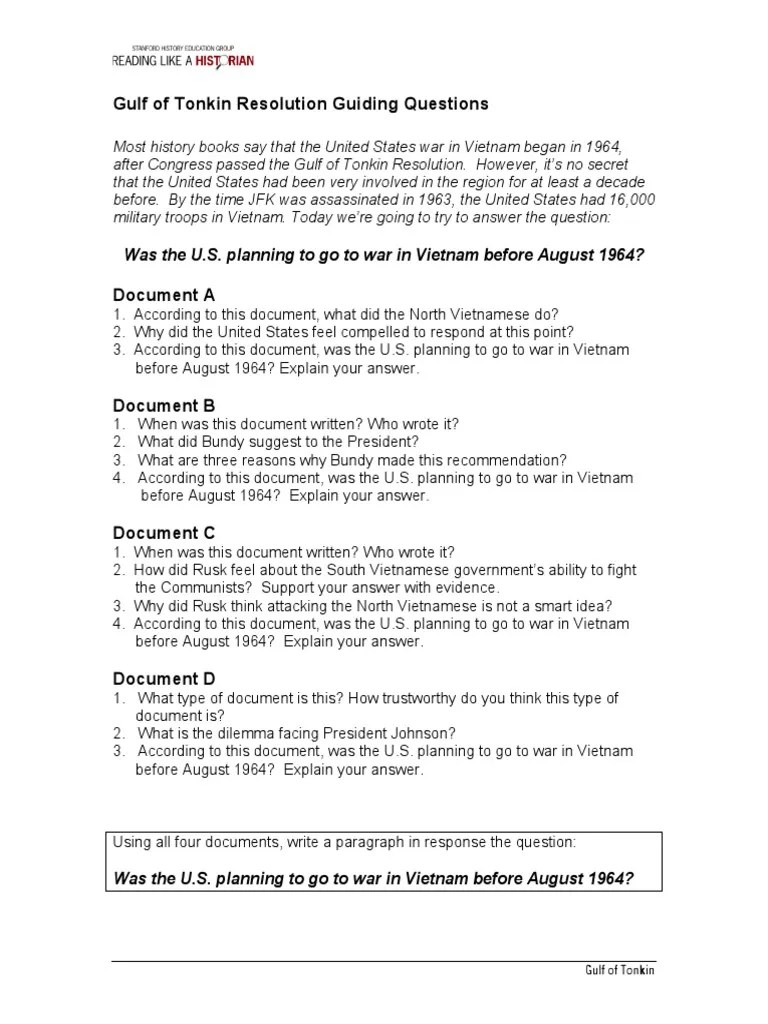 Gulf of Tonkin Resolution Guiding Questions PDF