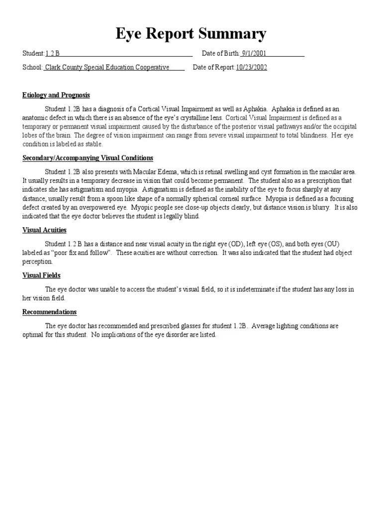 Eye Report Summary Etiology and Prognosis PDF