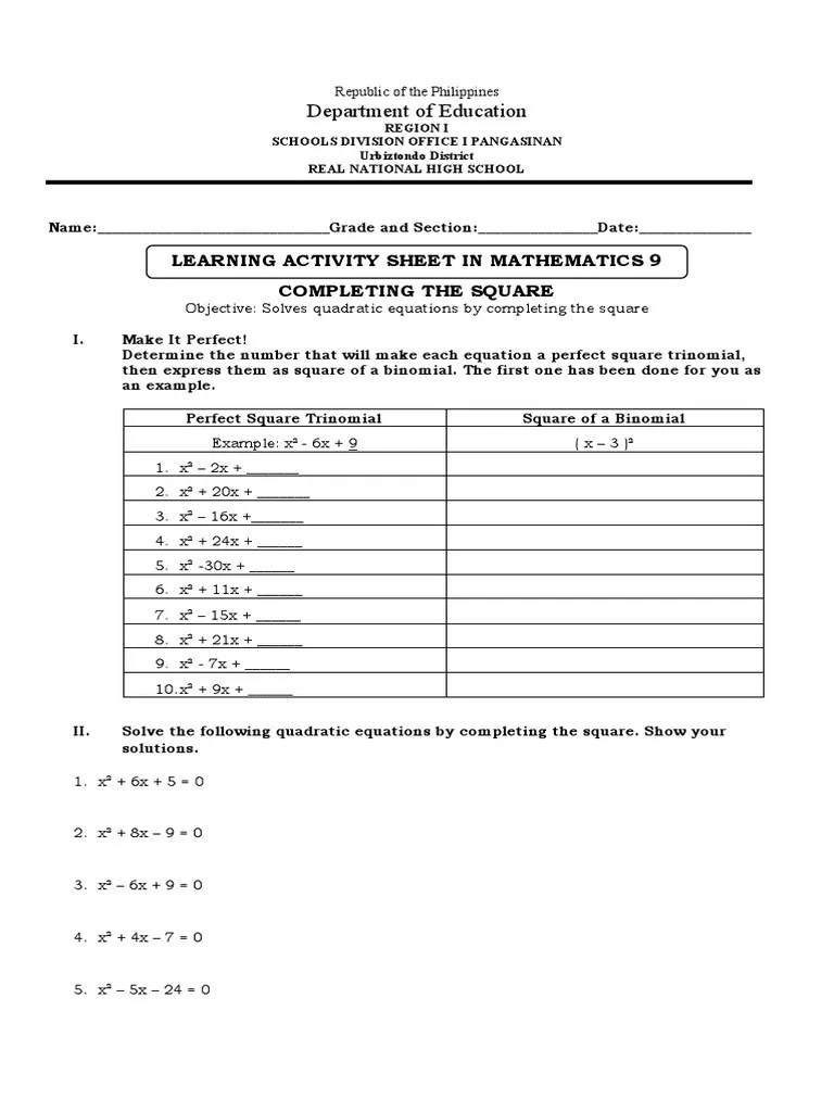 Grade 9 Math Learning Activity Sheet PDF