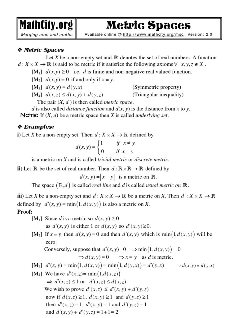 Metric Spaces V2 PDF Metric Space Metric (Mathematics)
