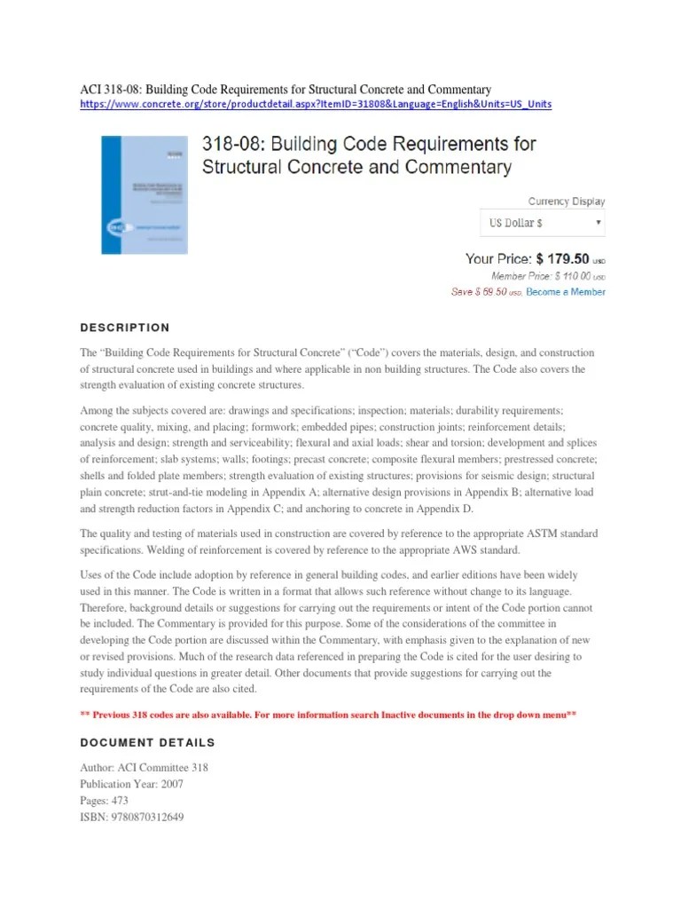 ACI 31808 Building Code Requirements For Structural Concrete and