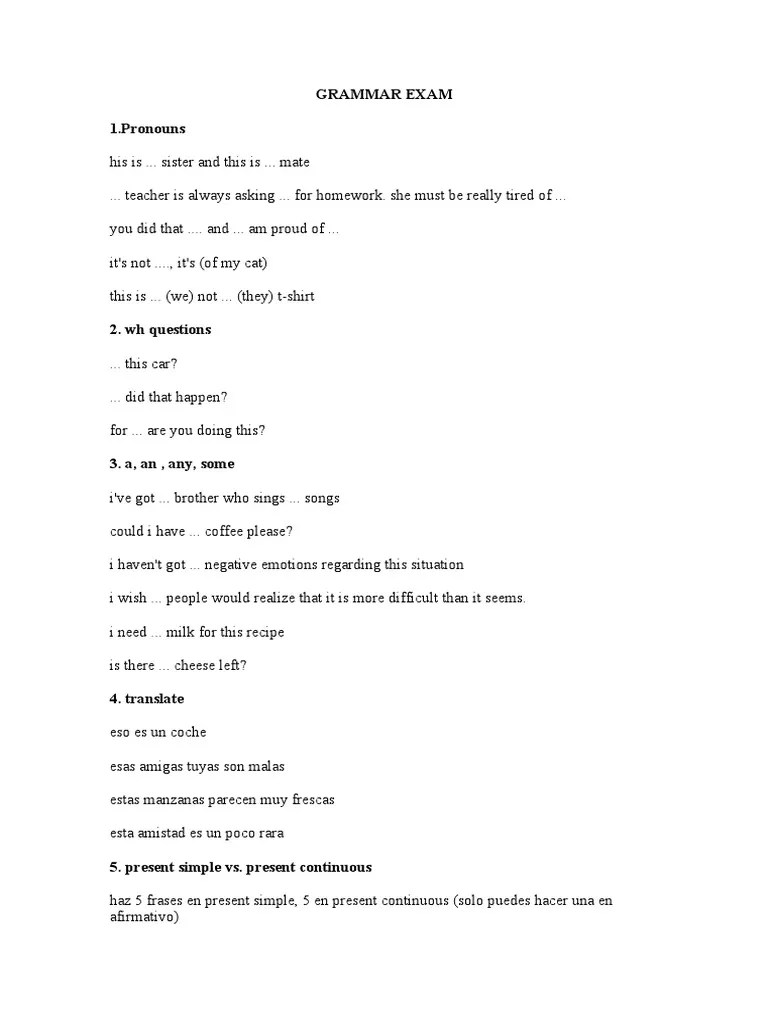 A Comprehensive Grammar Exam Testing Key Concepts Such As Pronouns, Wh