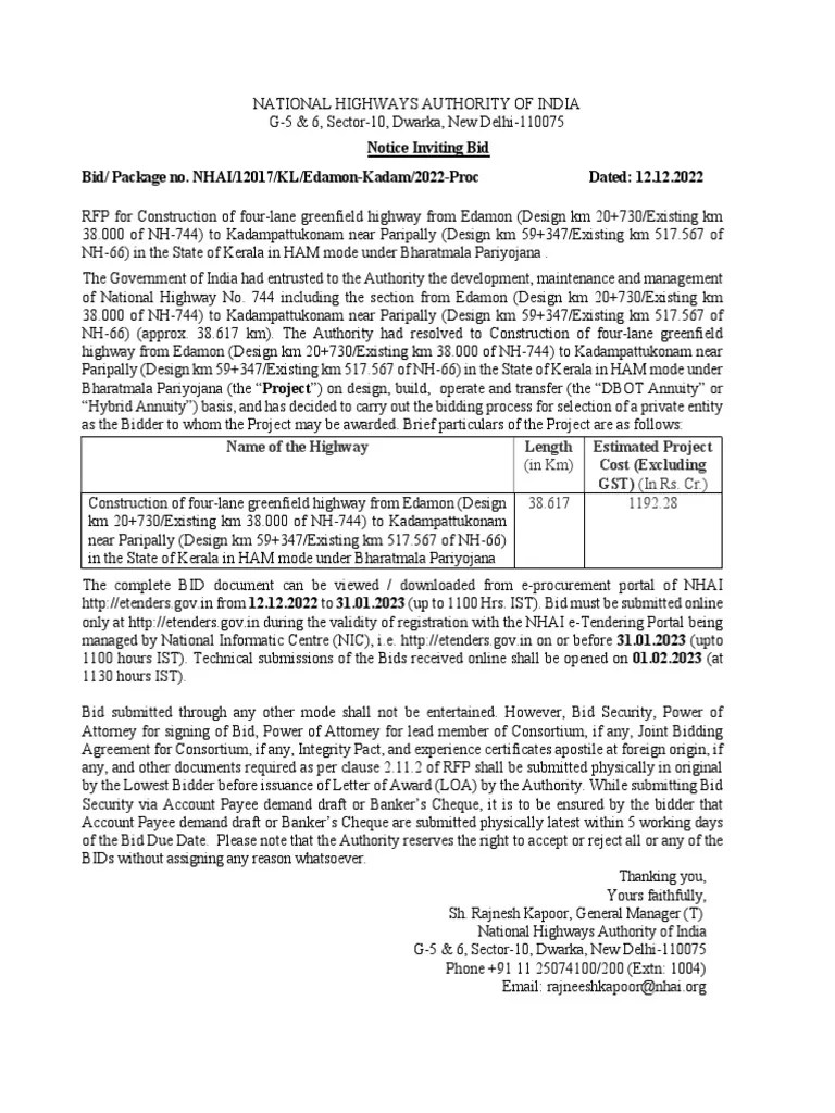Name of The Highway Length (In KM) Estimated Project Cost (Excluding
