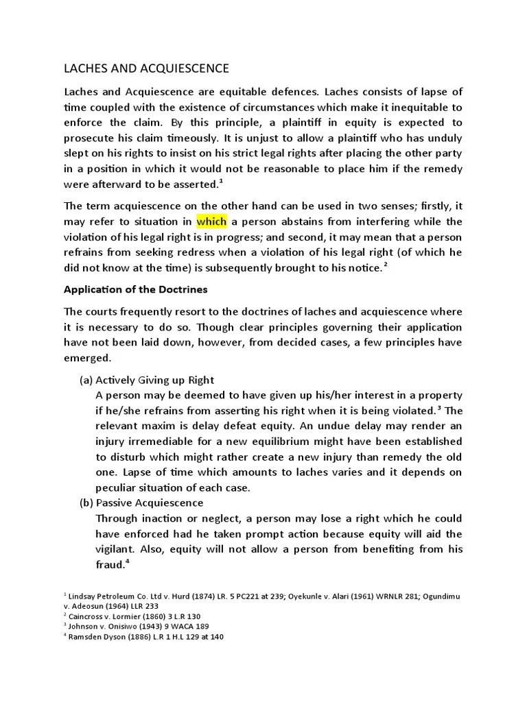 LACHES AND ACQUIESCENCE Final PDF Laches (Equity) Legal Procedure