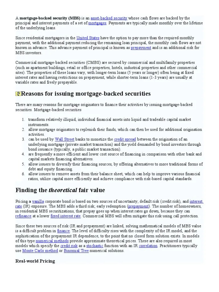 Mortgage Backed Securities Mortgage Backed Security Prepayment Of Loan