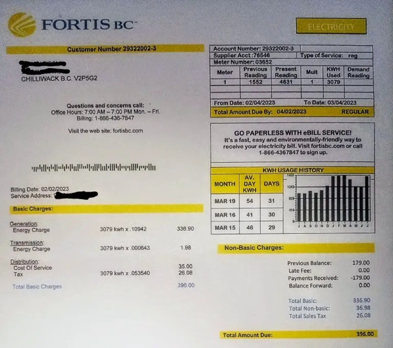 Sample BC Fortis Hydro Bill PDF