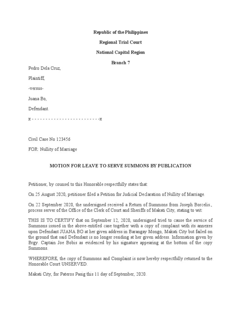 Motion For Leave To Serve Summons by Publication PDF Annulment