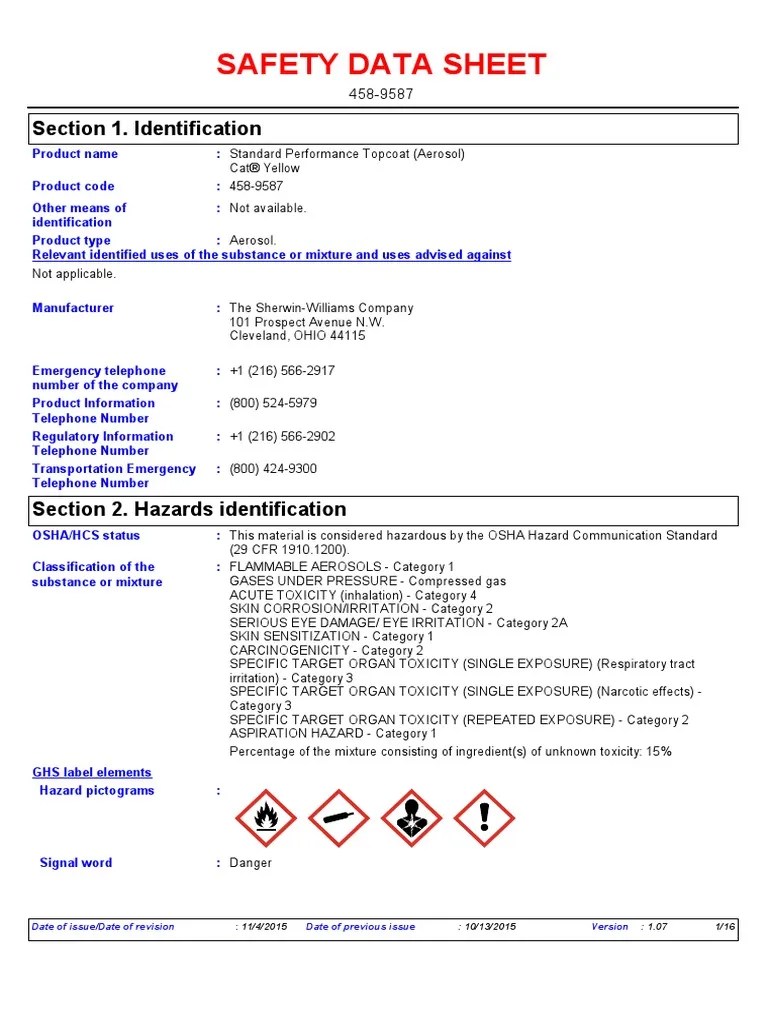 Standard Performance Topcoat Cat Yellow Aerosol PDF Safety Chemistry