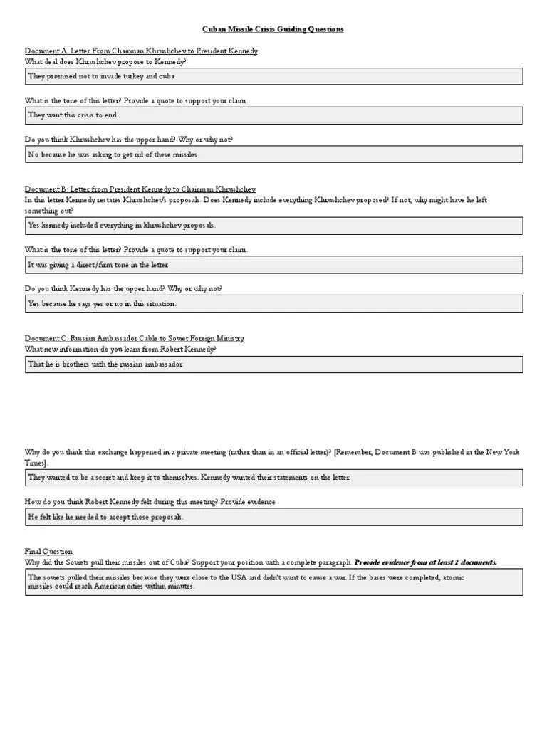 Kerry Cade Cuban Missile Crisis Guiding Questions PDF