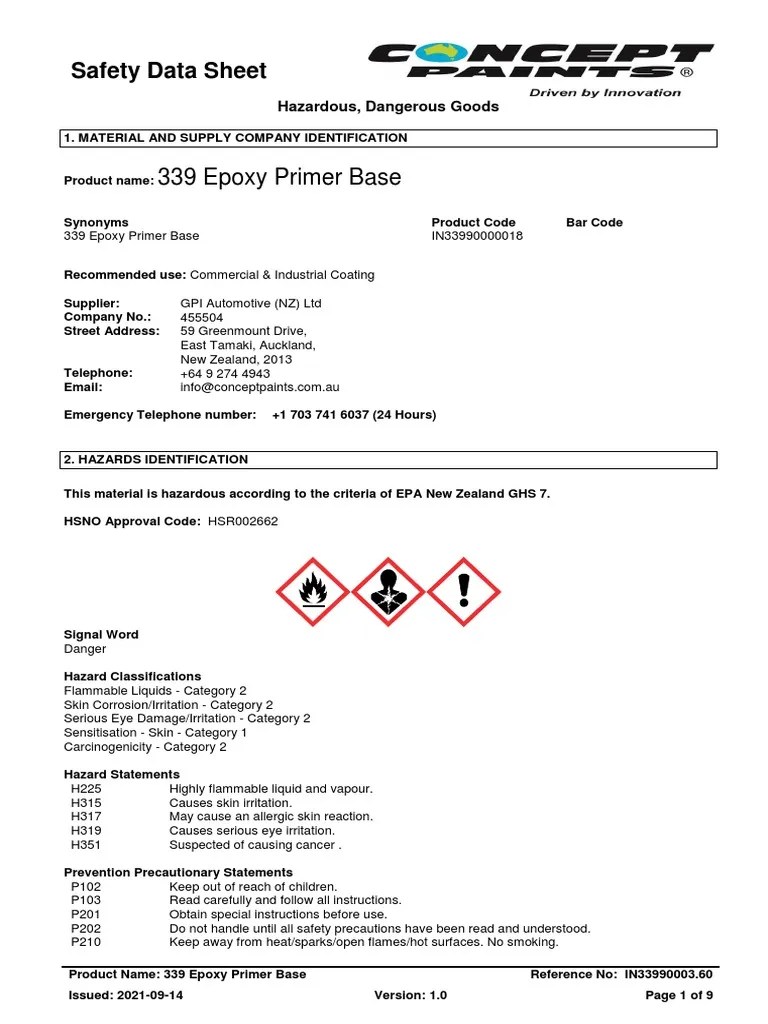 339 Epoxy Primer BaseSDS NZ PDF Dangerous Goods Personal