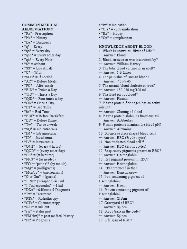 Common Medical Abbreviations PDF White Blood Cell Red Blood Cell