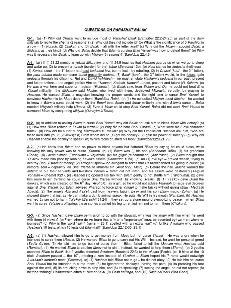 Parsha Questions Balak June 2013 PDF Hebrew Words And Phrases