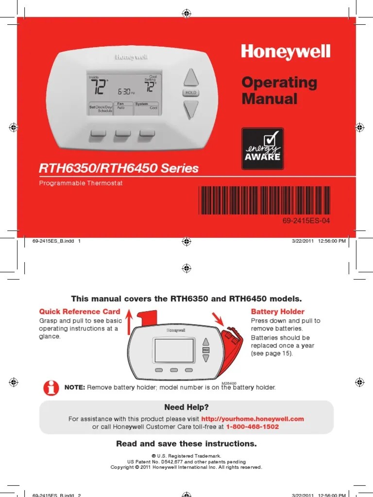 Honeywell Thermostat Owners Manual RTH6350/RTH6450 Series | PDF