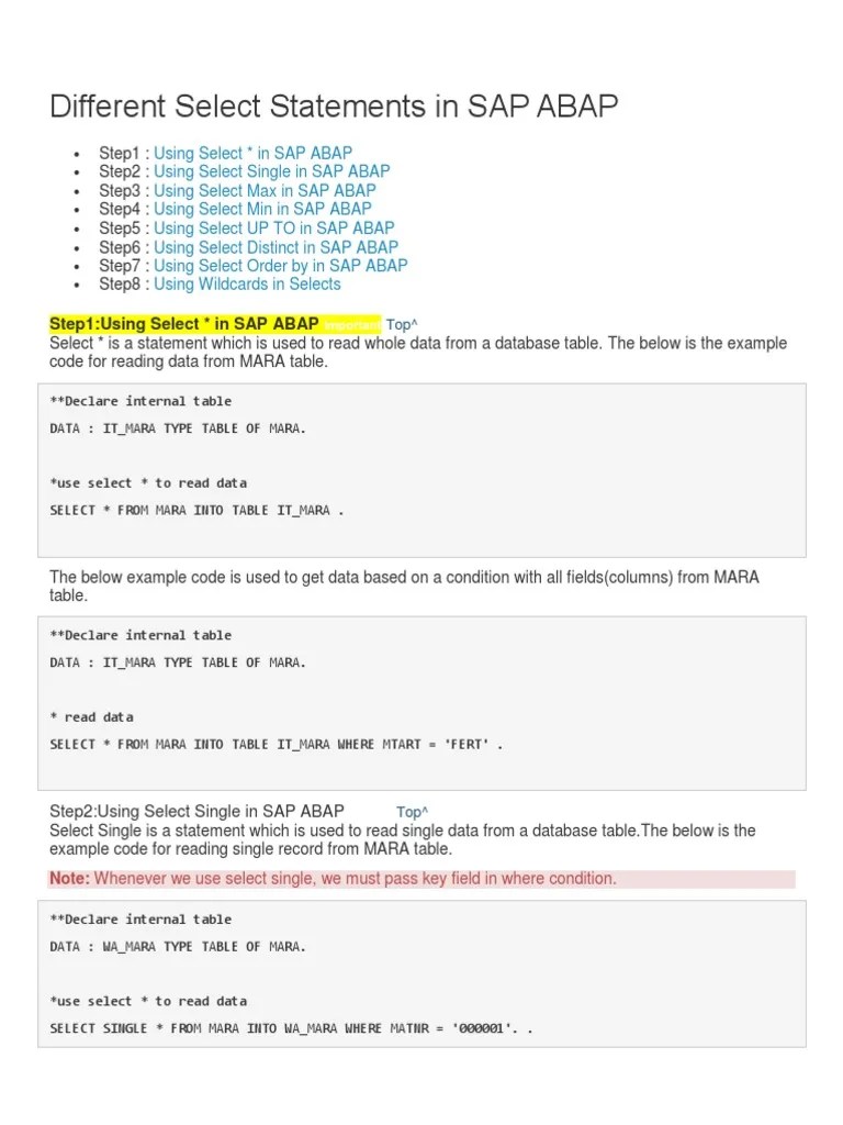 Different Select Statements SAP ABAP PDF Table (Database) Databases