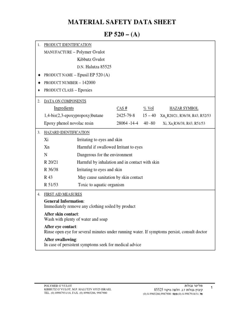 P520 EPOXY RESIN Data Sheet PDF Water Hazards