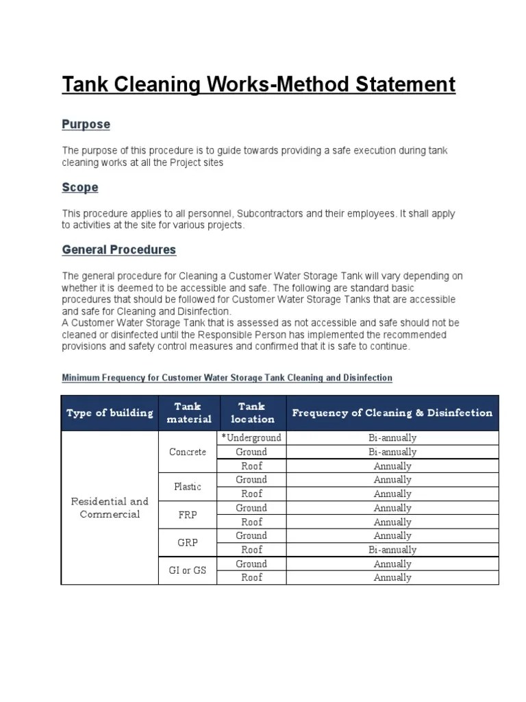 Water Tank Cleaning Method of Statement PDF Water Disinfectant