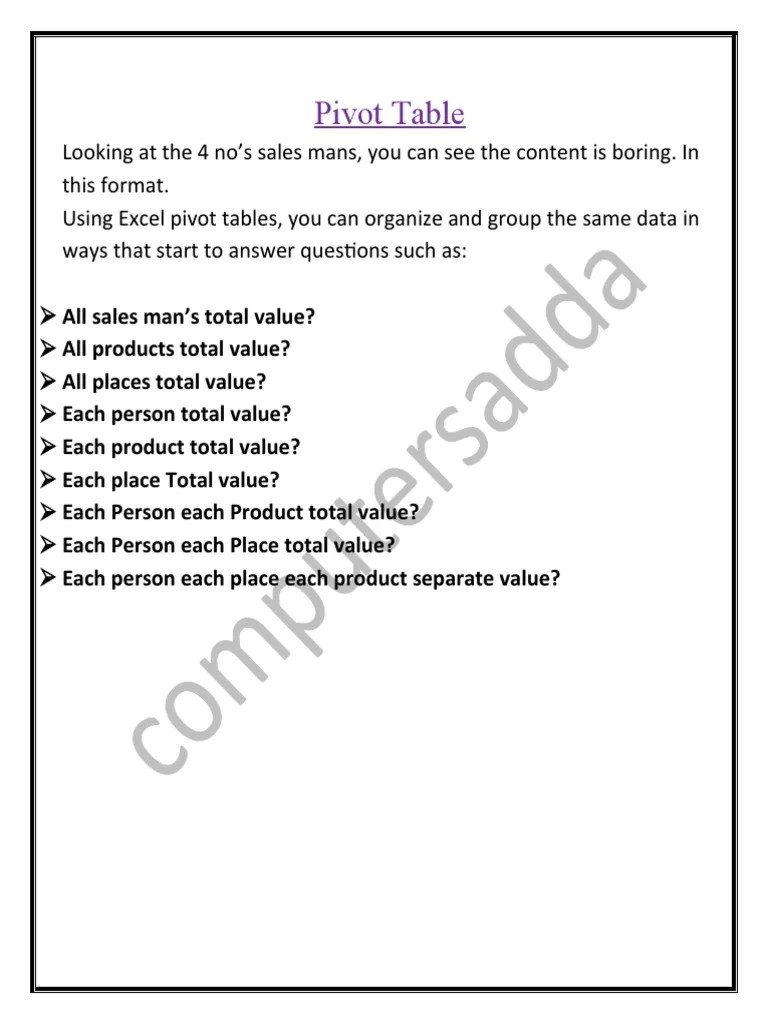 Pivot Table Questions PDF