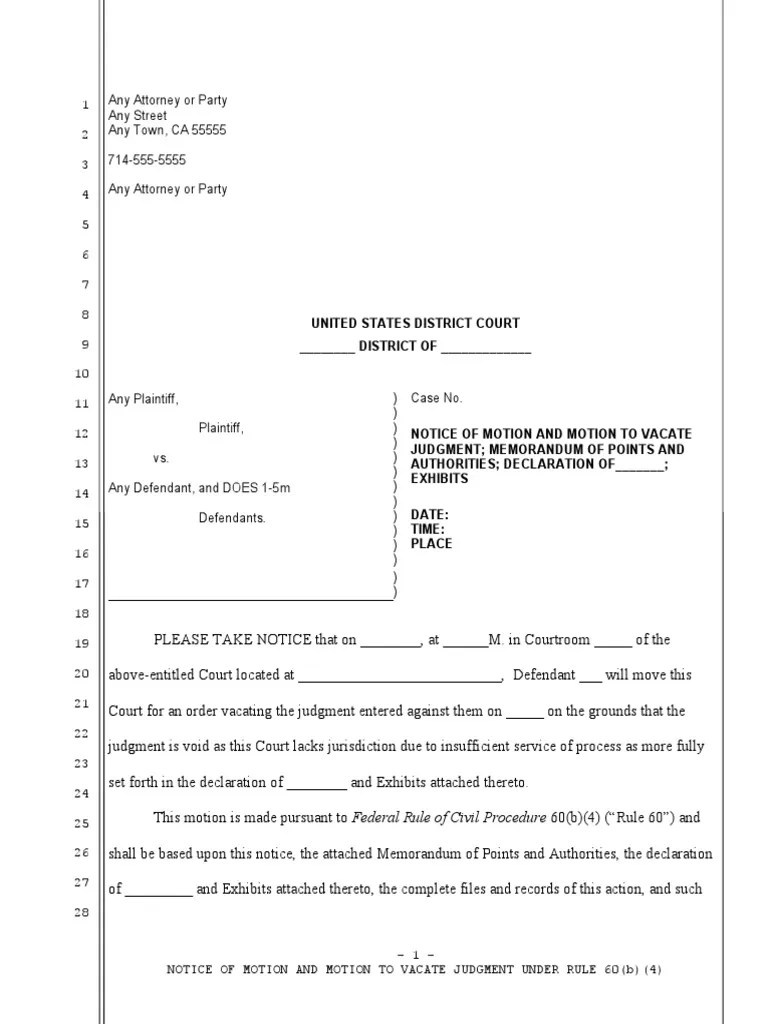 Sample Motion To Vacate Judgment Under Rule 60 (B) PDF Default