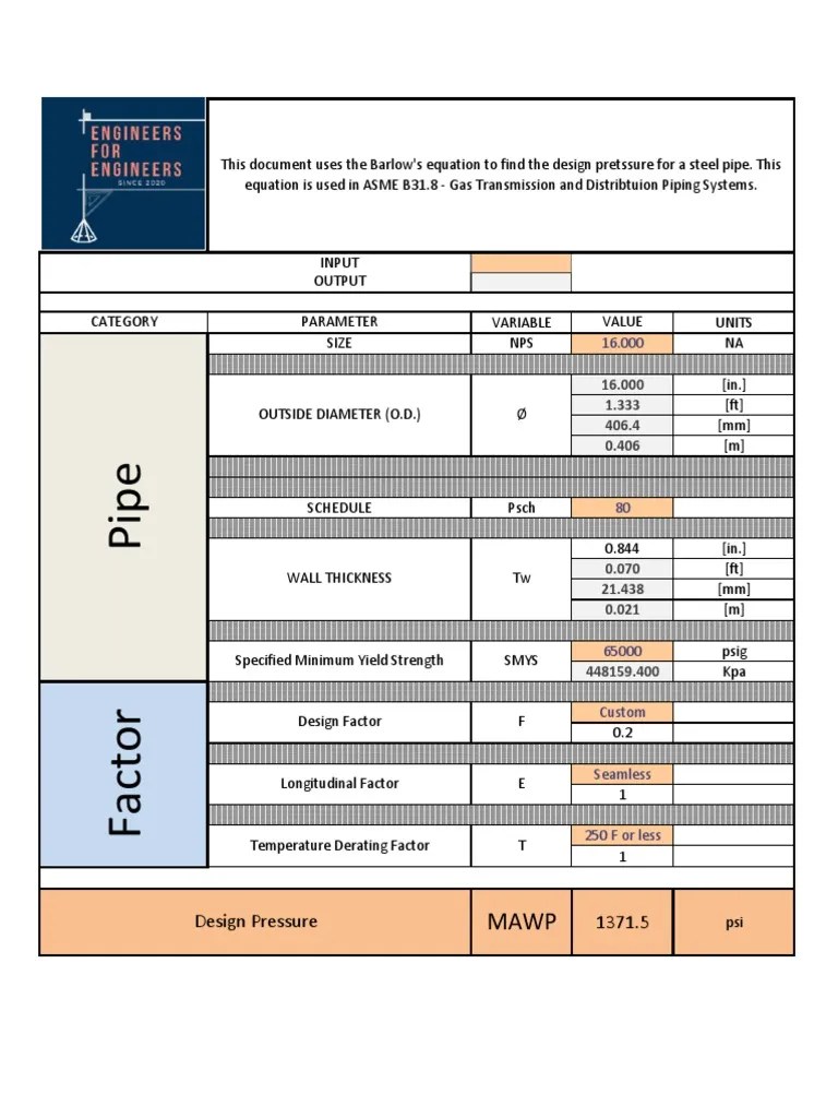 Barlow Equations Steel Pipe Asme b31.8 Gas Transmission and