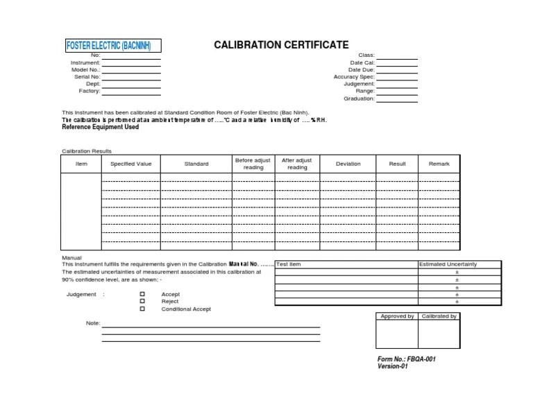 FBQA001 Calibration Form PDF PDF Calibration Metrology