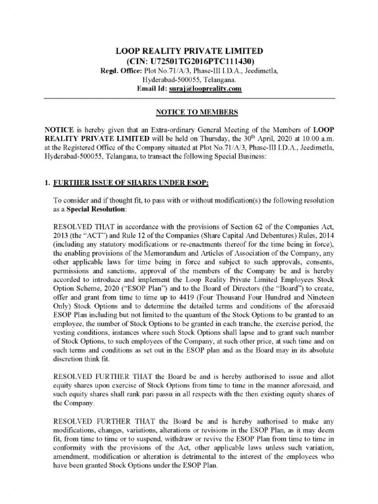 Copy(s) of Resolution(s) Along With Copy of Explanatory Statement Under