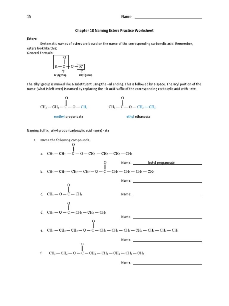 Naming Esters Practice Worksheet PDF