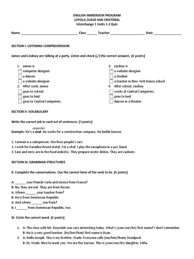 Interchange 1 Units 1-2 Quiz | PDF