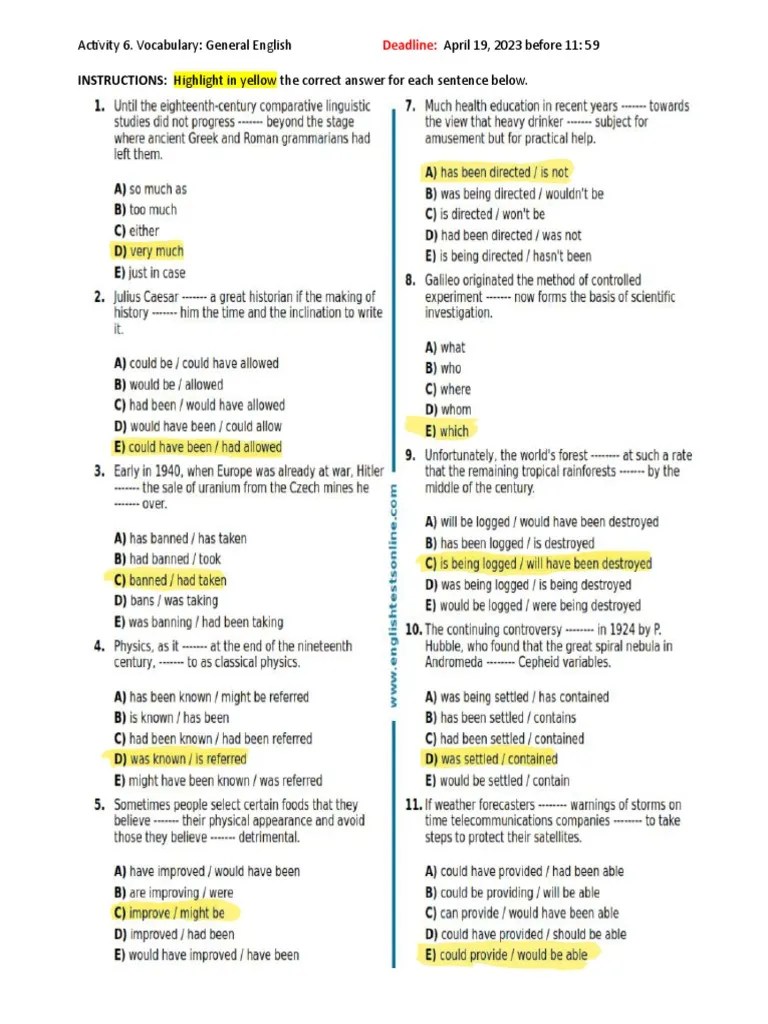 INSTRUCTIONS Highlight in Yellow The Correct Answer For Each Sentence