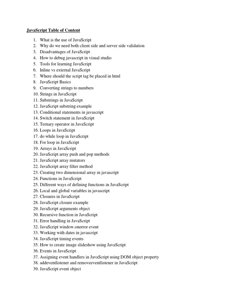 JavaScript Table of Content PDF PDF