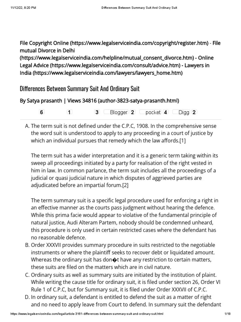 Differences Between Summary Suit and Ordinary Suit PDF PDF Lawsuit