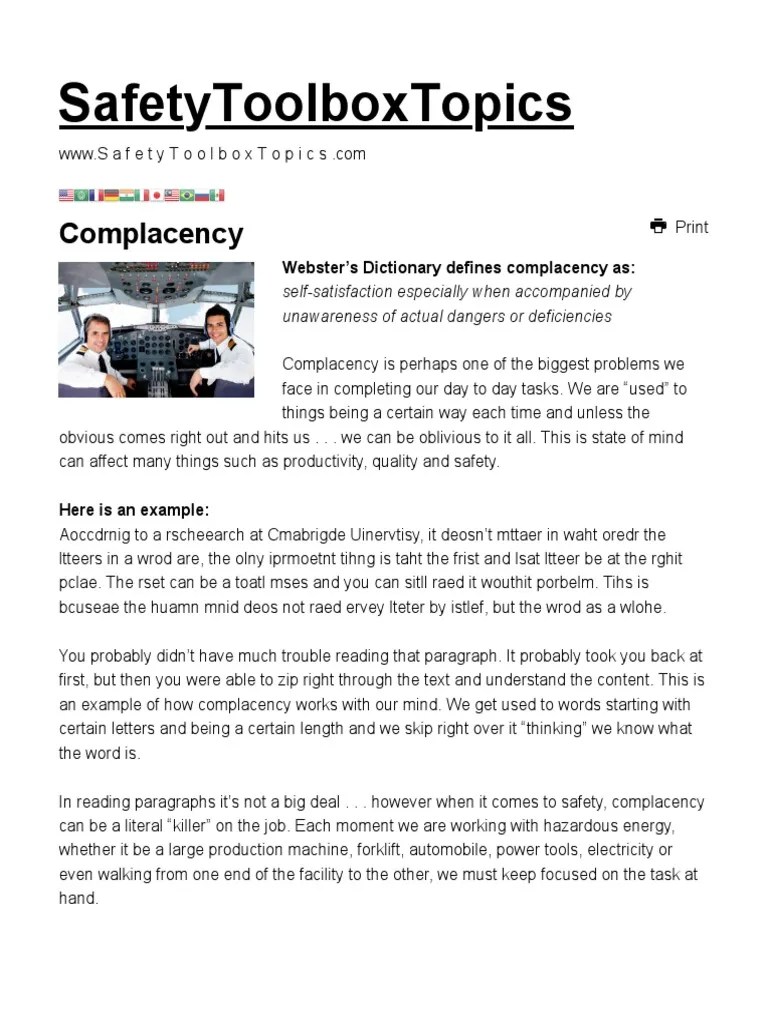 Complacency _ Safety Toolbox Talks Meeting Topics PDF Psychology