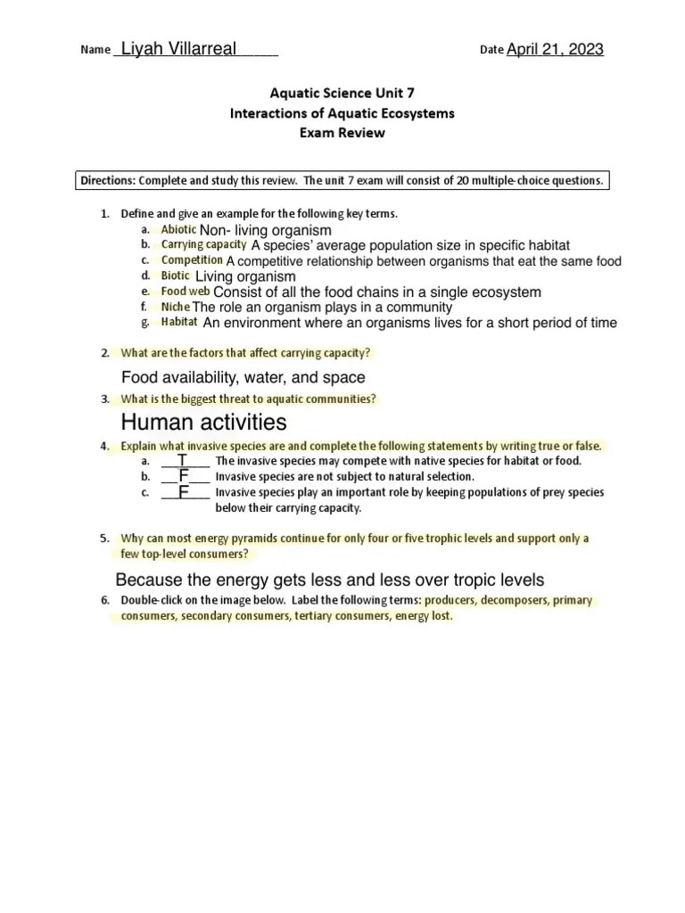 Aquatic Science Unit 7 Exam Review PDF