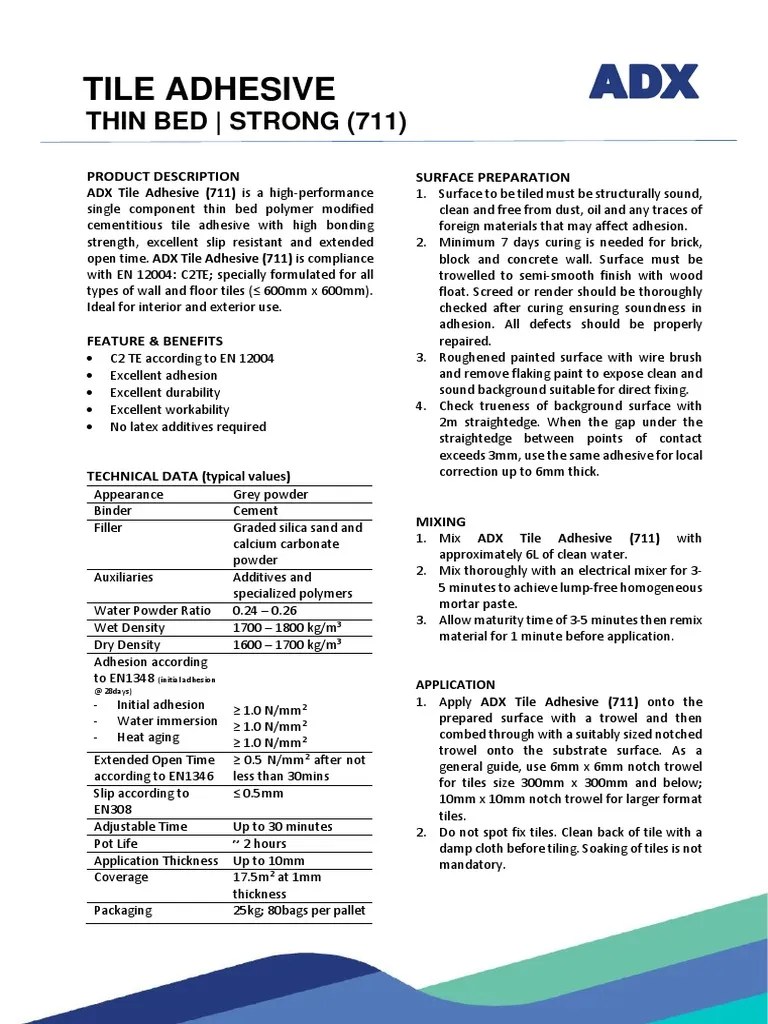Tds Tile Adhesive 711v1910 PDF Adhesive Cement