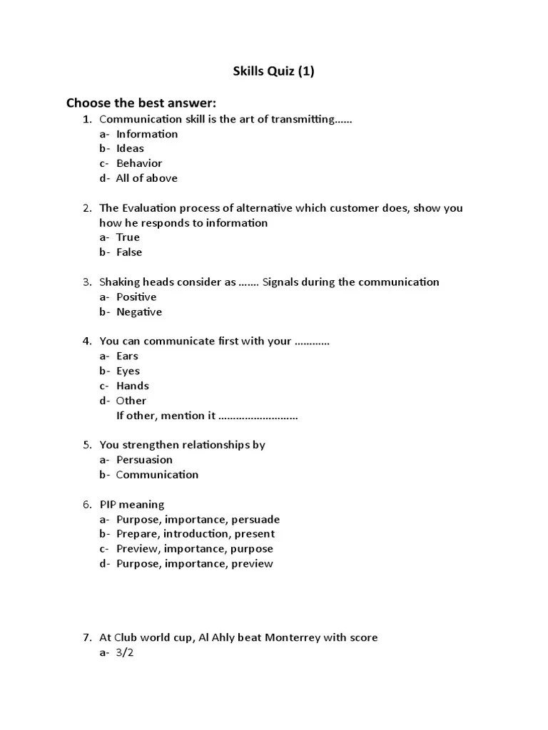Communication Skills Quiz Assessing Knowledge of Verbal and Nonverbal