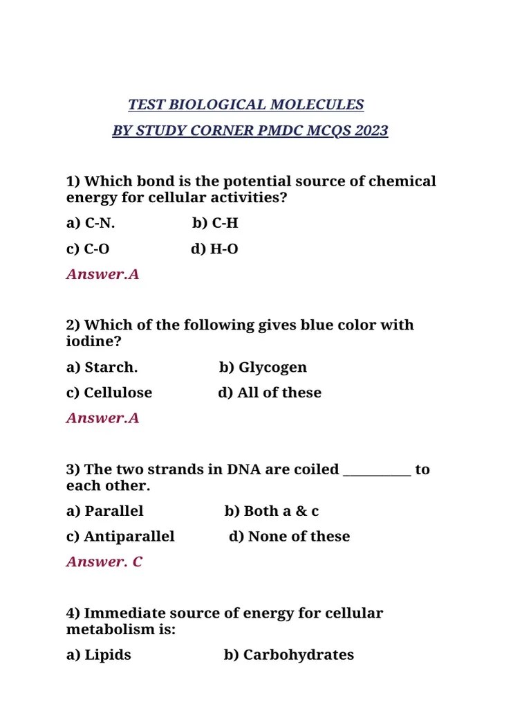 Test Biological Molecules PMDC Mcqs by STUDY CORNER PDF