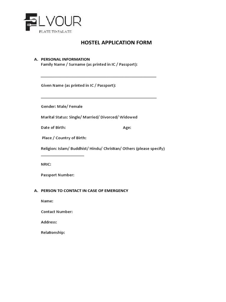 Hostel Application Form PDF