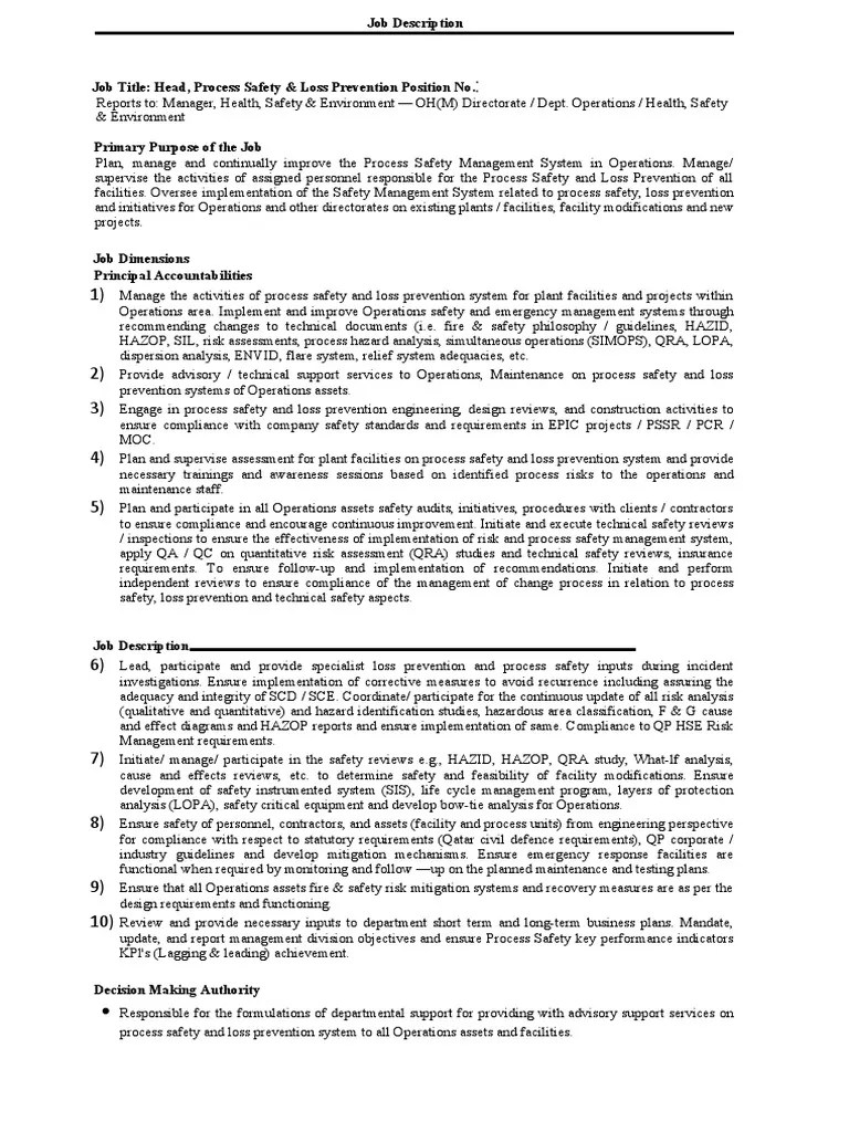 Head, Process Safety Job Description PDF PDF