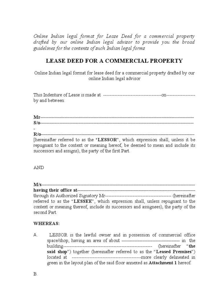 Lease Deed for a Commercial Property Lease Renting