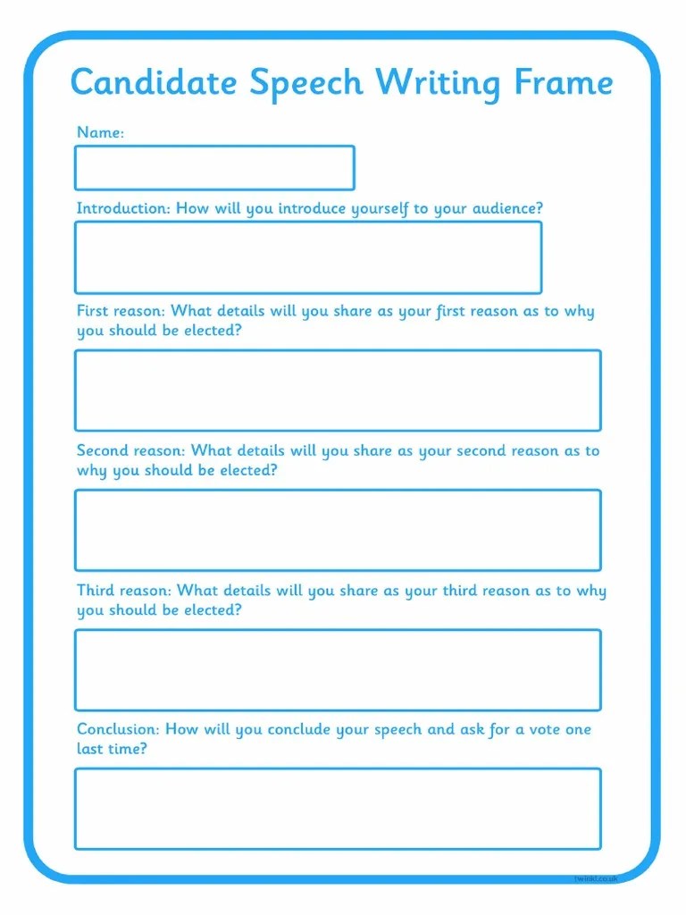SchoolCouncilElectionCandidateSpeechWritingFrame twinkl PDF