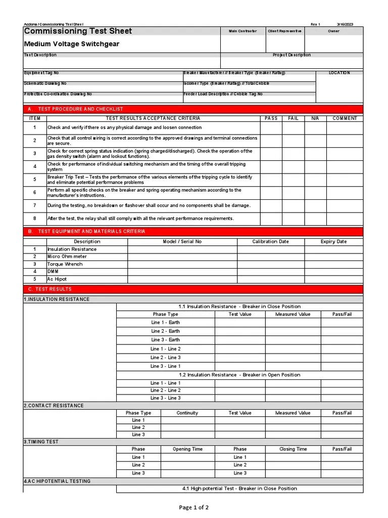 Commissioning Test Sheet Medium Voltage Switchgear PDF Insulator