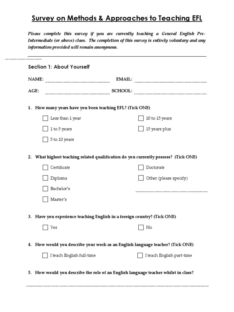 Final Survey for English Language Teachers English As A Second Or