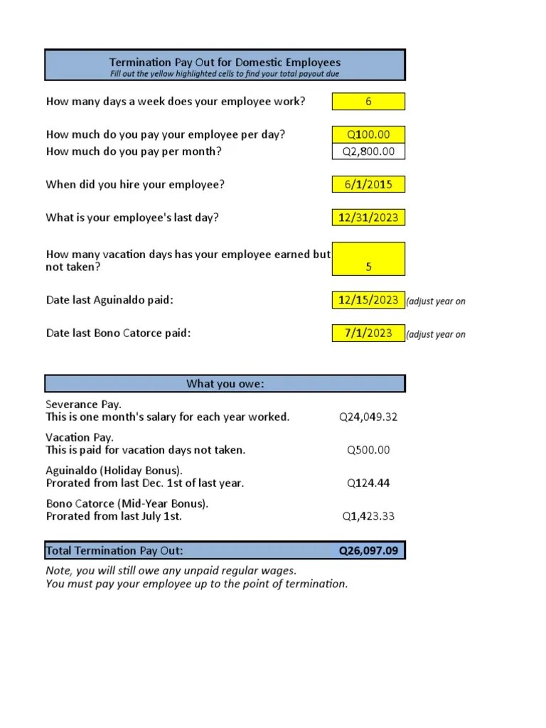Severance Pay Worksheet Domestic Employee.xlsx PDF Employment