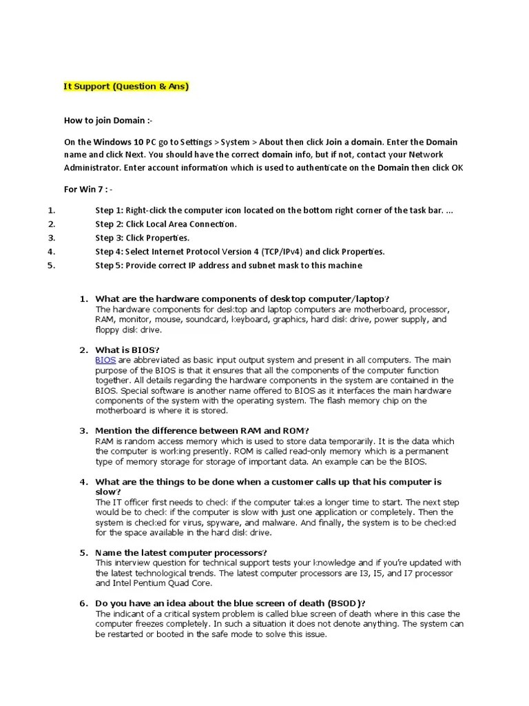 A Comprehensive Guide to Common IT Support Questions and Answers PDF Bios Computer Hardware