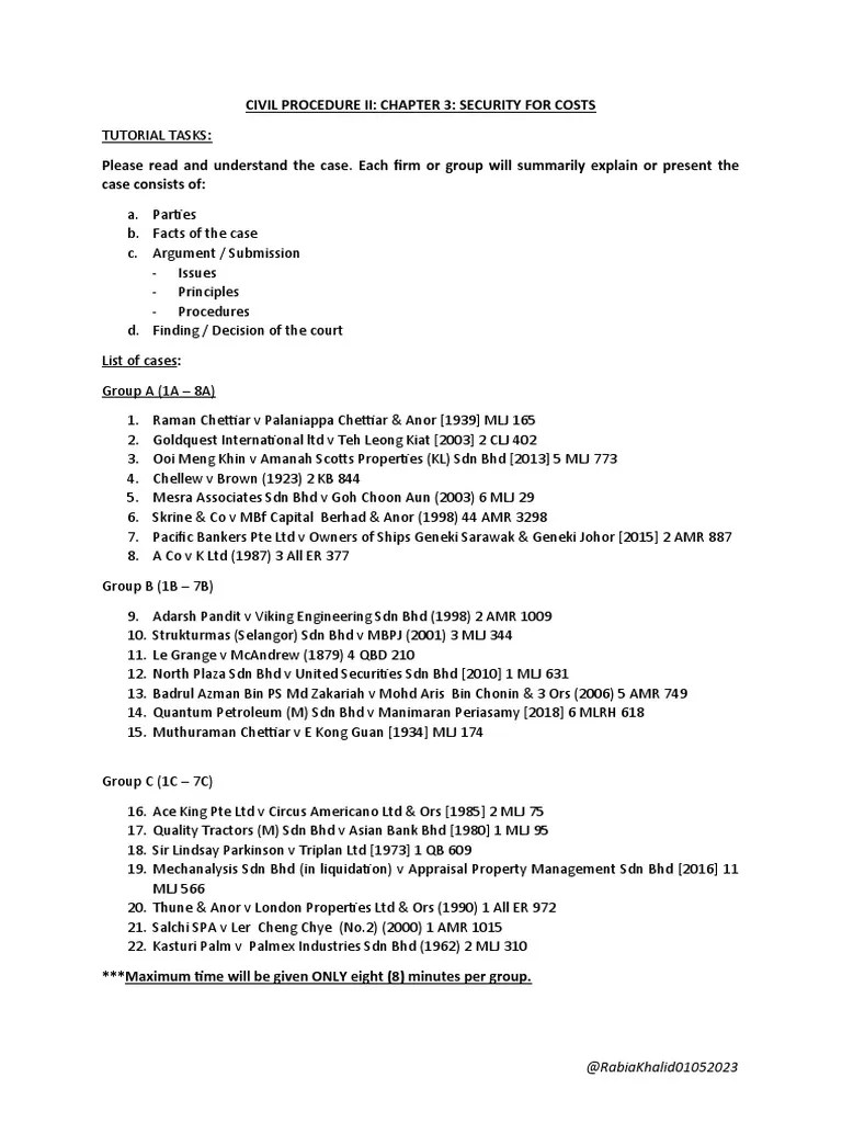 Tutorial Civil Procedure II Chapter 3 Security for Costs PDF