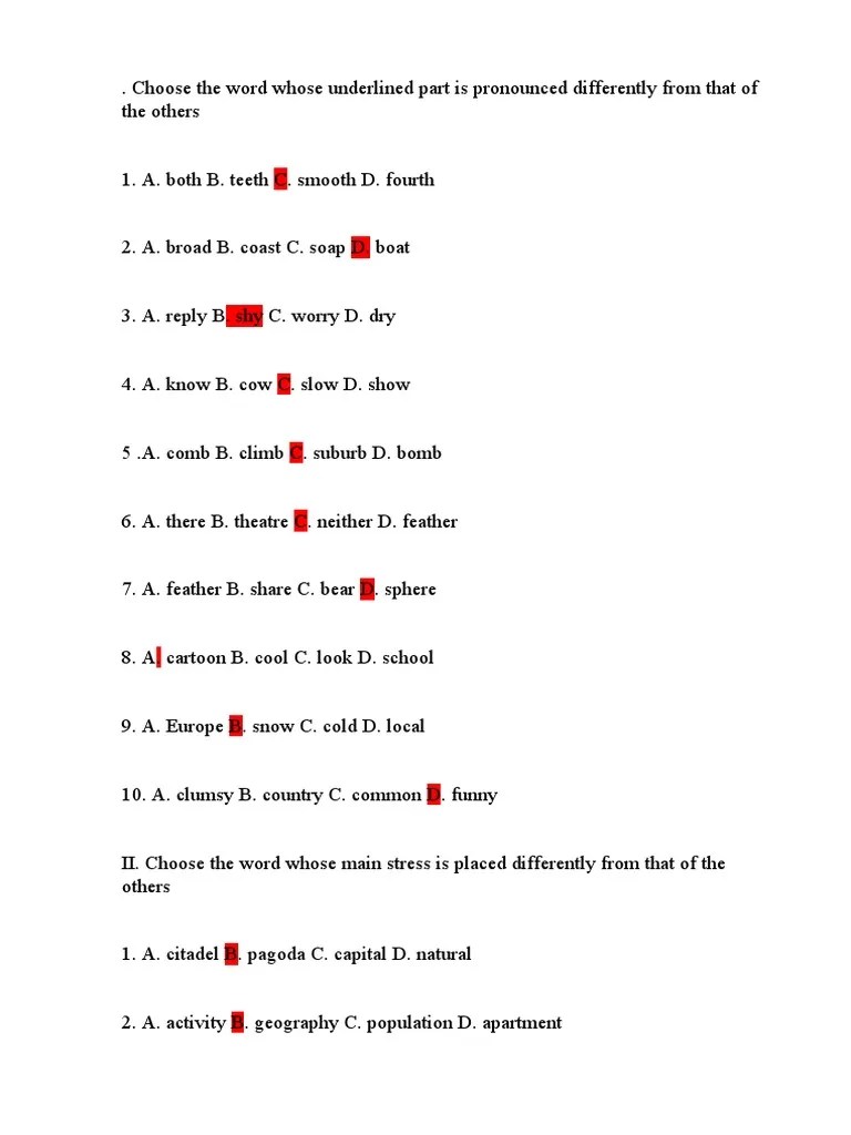 Choose The Word Whose Underlined Part Is Pronounced Differently From That of The Others PDF