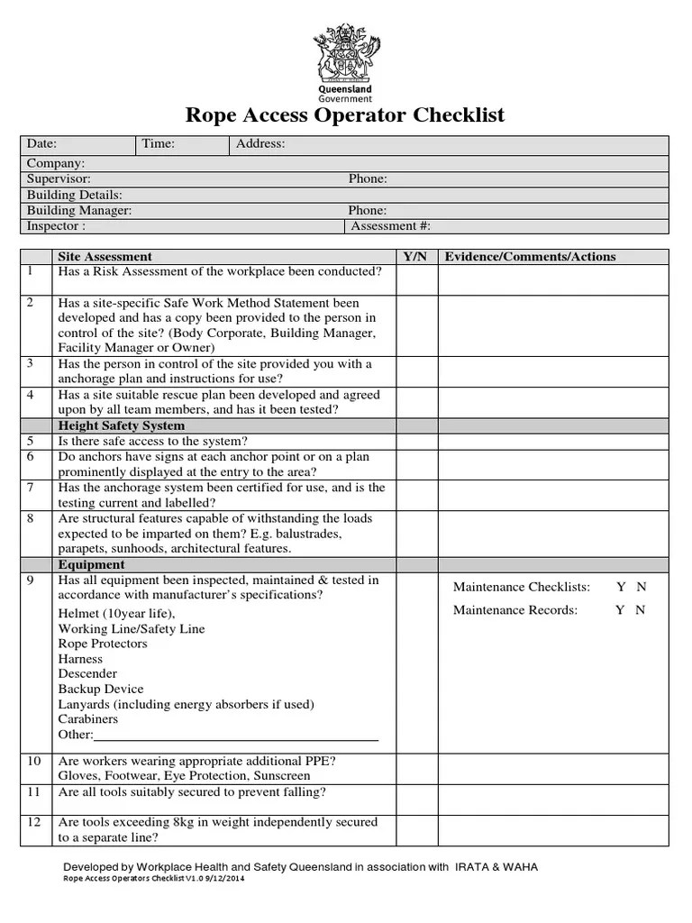 Rope Access Operator Checklist V2.0 PDF Rope Occupational Safety And Health