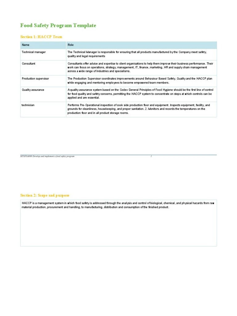 SITXFSA008 Food Safety Program Template PDF Hazard Analysis And