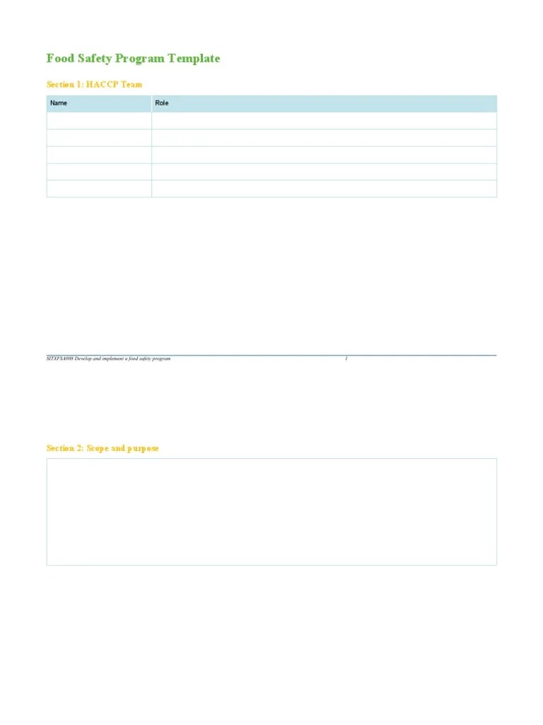 SITXFSA008 Food Safety Program Template PDF Food Safety