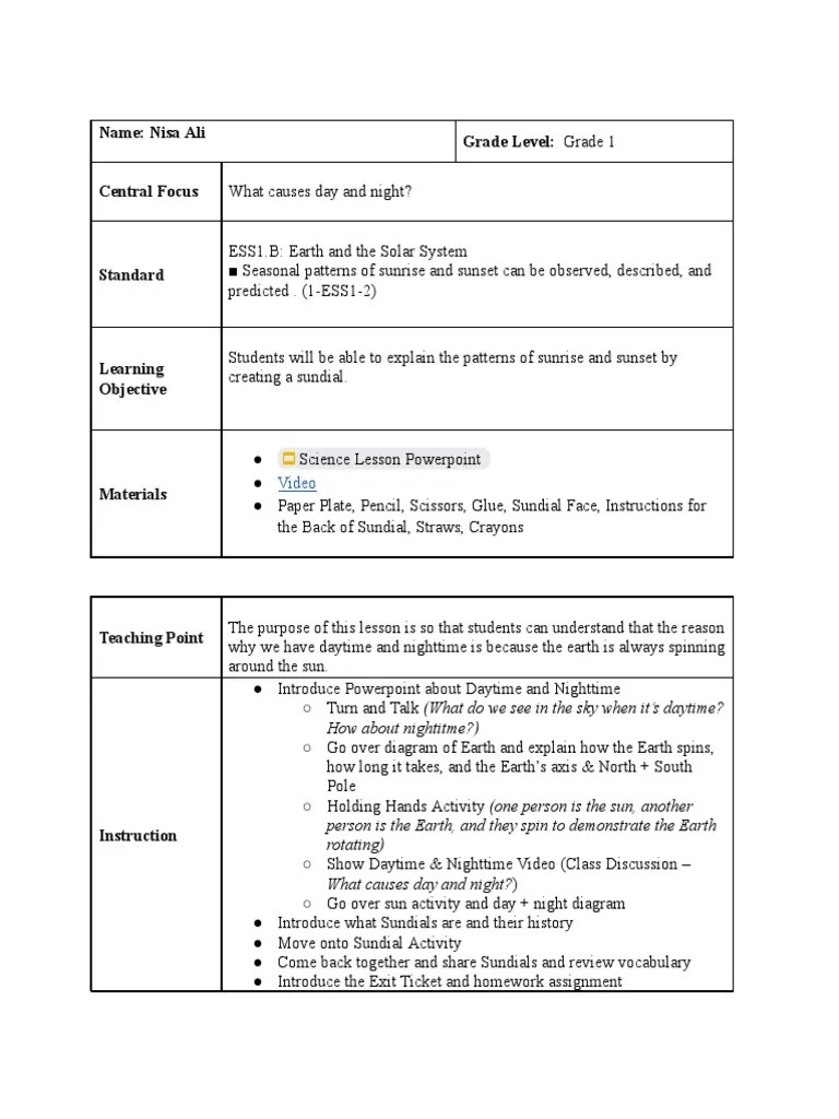 Earth The Solar System Lesson Plan | PDF | Night | Sun